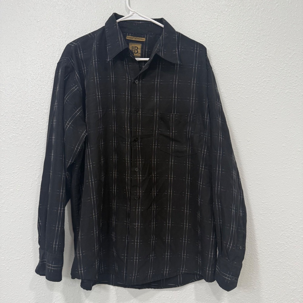 Bruno Mens Black‎ Sueded Microfiber Grid Pinstripe Long Sleeve Button Down Shirt